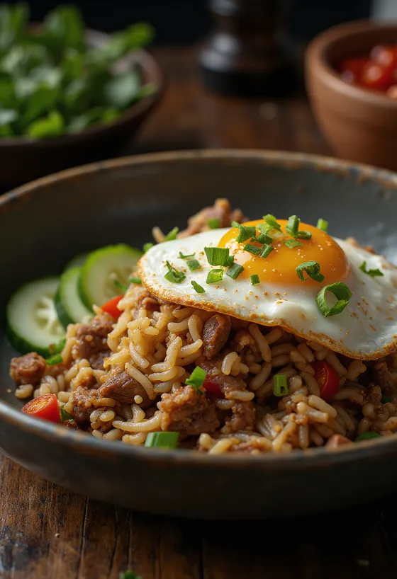 Nasi Goreng cu vită și ou ochi servit