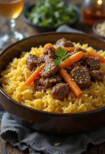 Plov cu carne de miel, mâncare de orez servită cu coriandru proaspăt