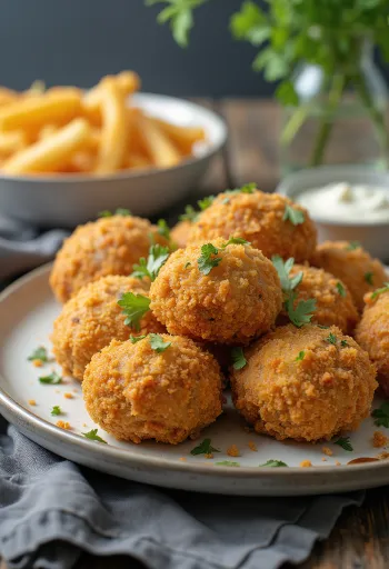Ciuperci pane prăjite auriu în crustă crocantă, servite cu salată proaspătă și sos tartar.