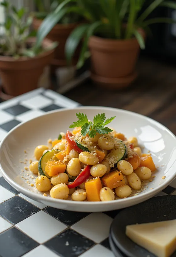 Gnocchi cu dovleac și legume servite