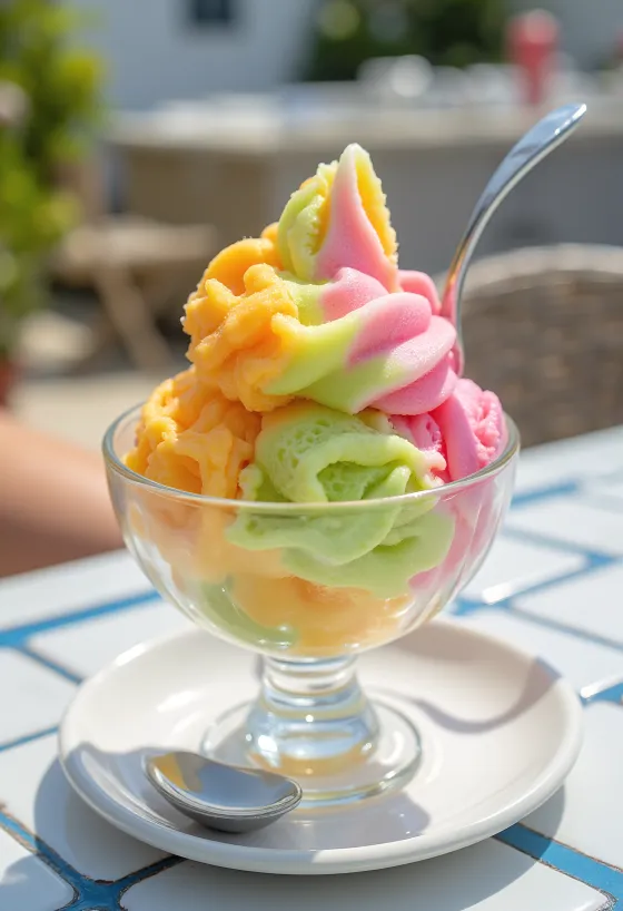 Sherbet curcubeu de fructe servit