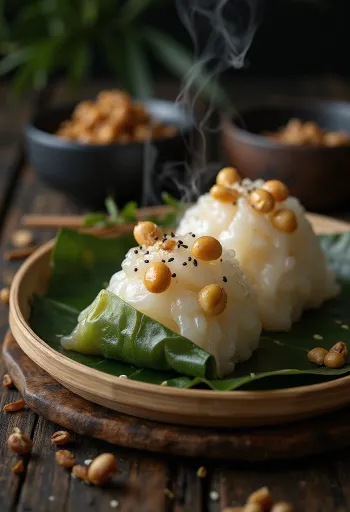 Zongzi cu arahide, preparat asiatic servit cu frunze proaspete