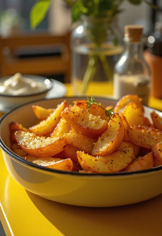 Cartofi picanți crocanți copți auriu, presărați cu verdețuri proaspete