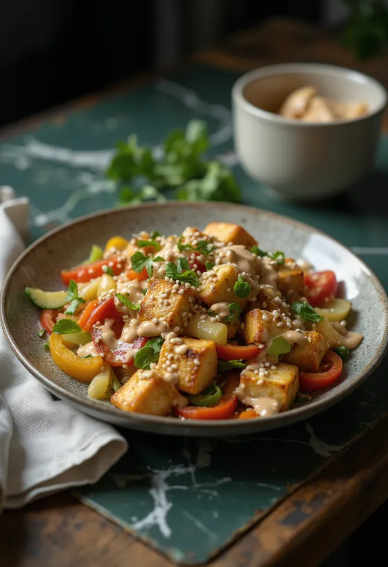 Wok de tofu la grătar cu tahini