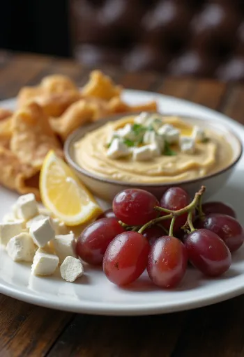 Platou meze cu dolma, humus, brânză feta și legume proaspete