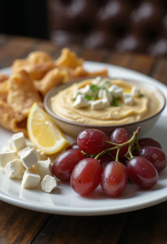 Platou meze cu dolma, humus, brânză feta și legume proaspete