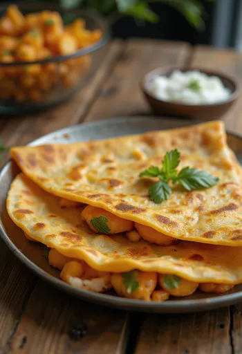 Mysore masala dosa servită cu cartofi prăjiți și nucă de cocos proaspătă rasă