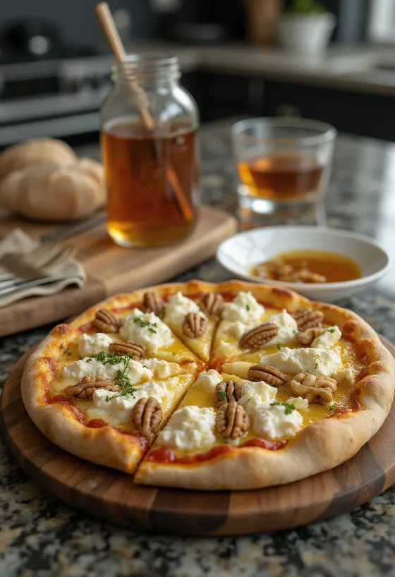 Pizza proaspăt coaptă cu brânză de capră, miere și nucă