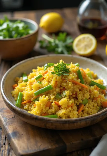 Salată de quinoa prebiotică picantă servită cu coriandru proaspăt și legume