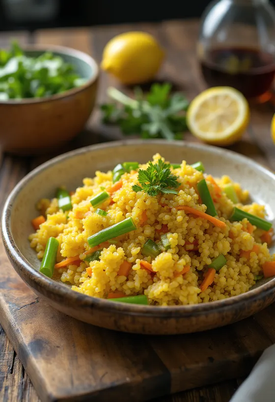 Salată de quinoa prebiotică picantă servită cu coriandru proaspăt și legume