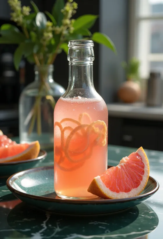 Kombucha probiotică cu grapefruit, cu gust proaspăt de citrice, strecurată și îmbuteliată