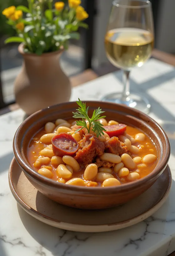 Fabada con lacón servită, bogată în cărnuri afumate și fasole