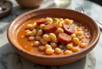 Fabada con lacón servită, bogată în cărnuri afumate și fasole