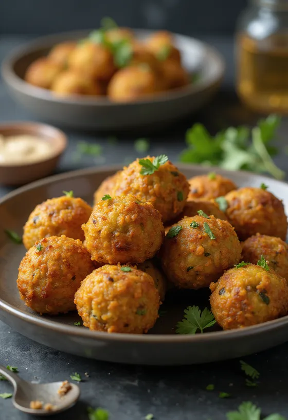 Falafel cu exterior auriu crocant, presărat cu verdeață proaspătă