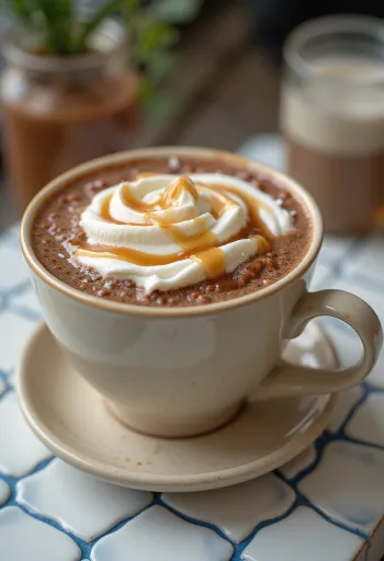 Ciocolată caldă cu caramel decorată cu frișcă și sos de caramel