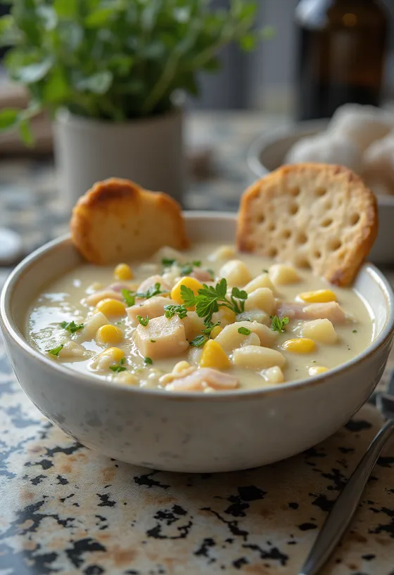 Chowder clasic cremos servit cu pește afumat și porumb