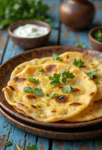 Paneer thepla cu aluat fără gluten, servit cu condimente proaspete și iaurt