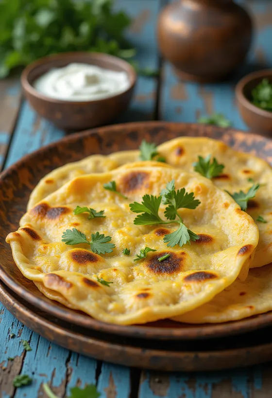 Paneer thepla cu aluat fără gluten, servit cu condimente proaspete și iaurt