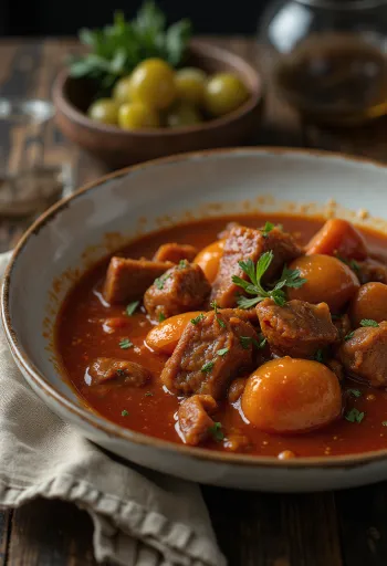 Tocăniță cu cuburi suculente de carne, servită în sos condimentat cu boia