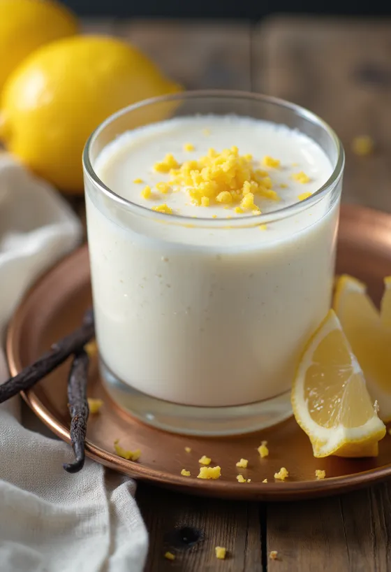Chefir probiotic cu brânză în pahare, decorat cu coajă de lămâie