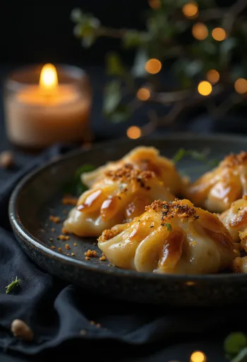 Gyoza cu dovleac cu bază aurie, aluat gătit la abur, servite lângă sos de soia