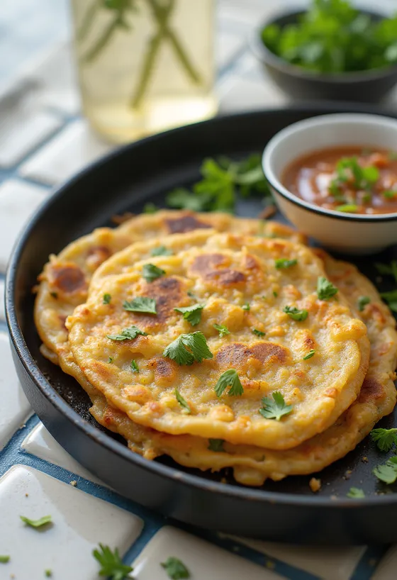 Rice chilla servită cu legume și condimente