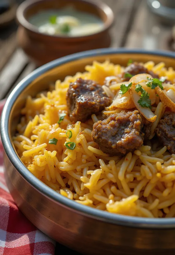 Biryani cu carne de capră și garnitură de ceapă