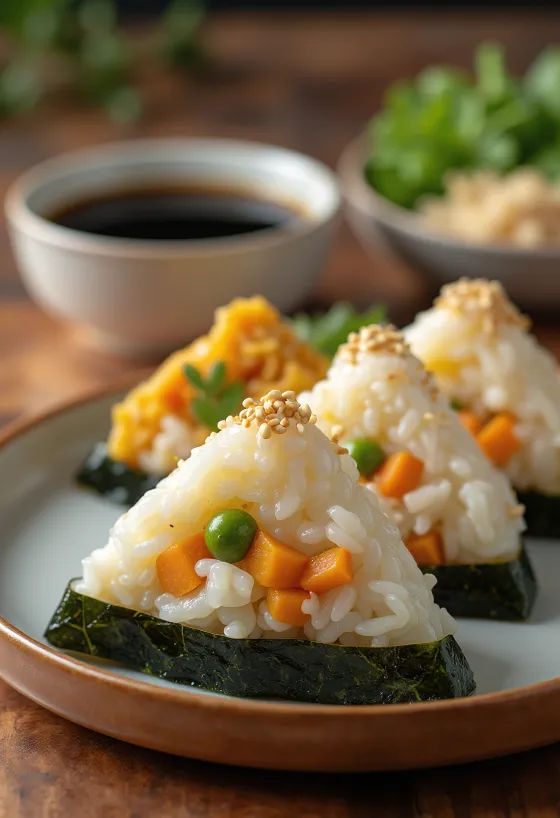 Onigiri cu legume și curry servit cu foi de nori