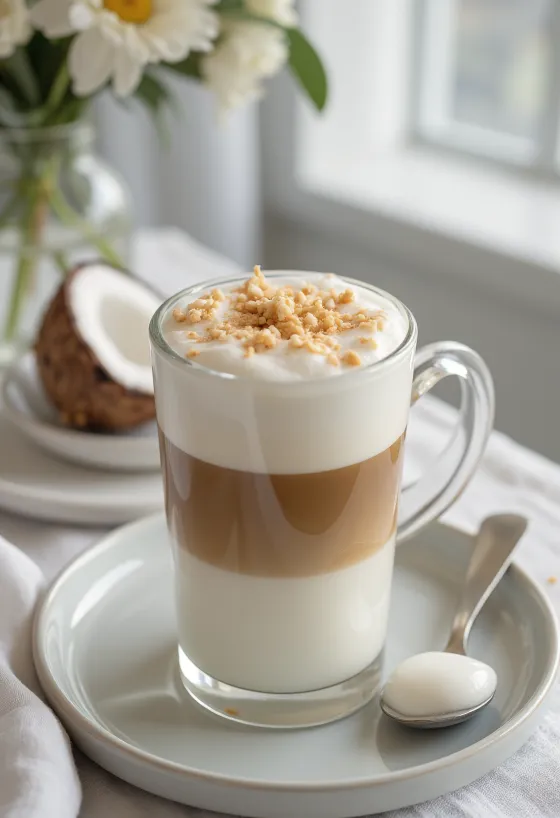 Latte cu lapte de cocos proaspăt servit