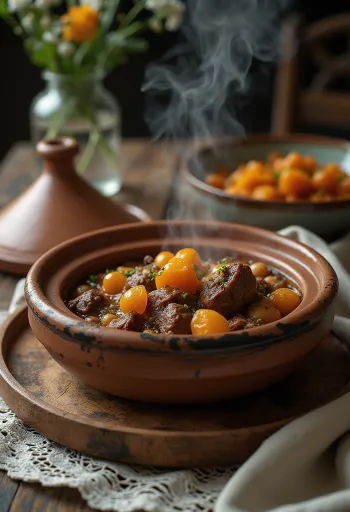 Mâncare Tajine marocan servită în vas de lut, decorată cu condimente bogate și legume colorate.