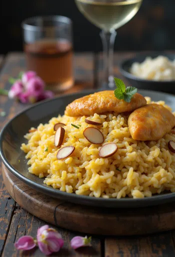 Morog Polao cu șofran servit, decorat cu migdale și caise uscate