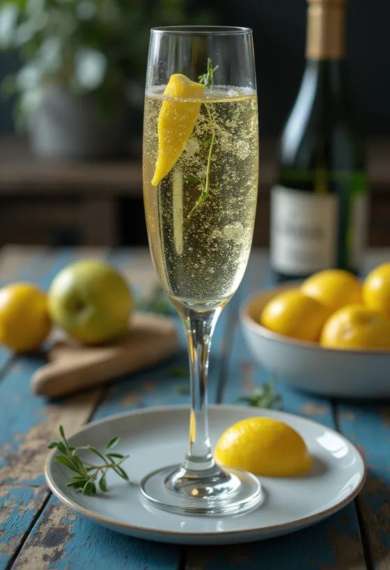 Cidru italian cu prosecco în pahar decorat cu crenguță de rozmarin