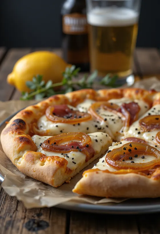 Pizza Alsacienne cu smântână, ceapă și slănină