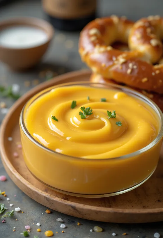 Sos de brânză cheddar cu bere într-un bol, decorat cu pătrunjel proaspăt, lângă nachos.