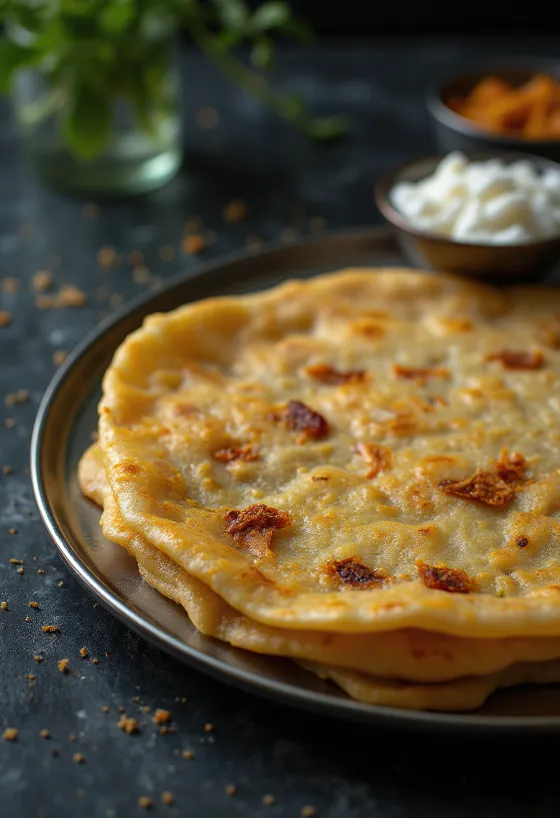 Adai dosa proaspătă, prăjită crocant, servită cu umplutură condimentată