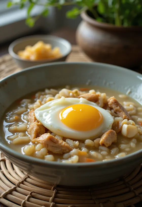 Arroz Caldo servit cu ou, ca un terci de orez mătăsos cu pui și ceapă verde