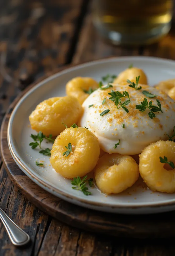 Gnocchi cu spumă de vin servit