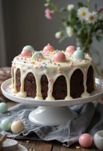 Tort de ciocolată cu buline decorat cu cremă albă și buline comestibile