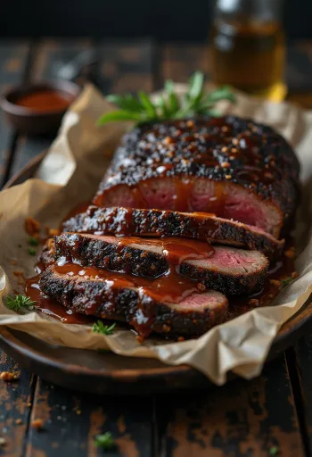 Carne de vită afumată BBQ cu sos de zahăr brun pe fund de lemn