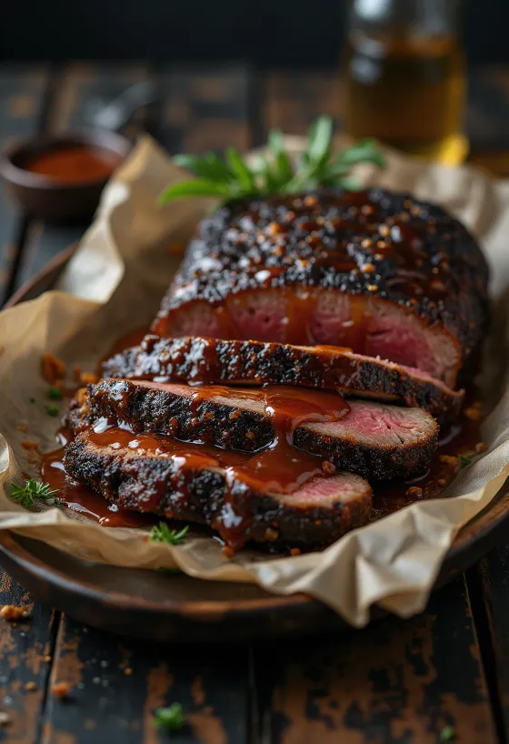 Carne de vită afumată BBQ cu sos de zahăr brun pe fund de lemn