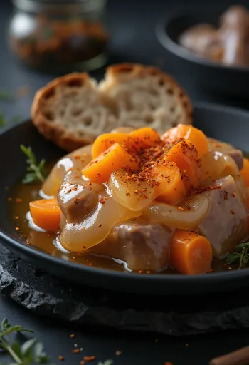 Piftie tradițională servită cu carne de porc fiartă și legume