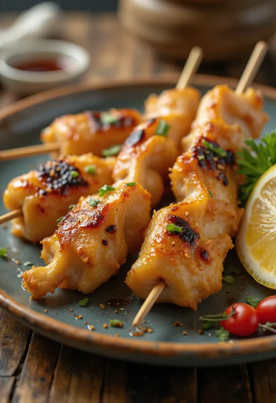 Nankotsu yakitori cartilaj de pui pe băț, servit cu semințe de susan și ceapă verde proaspătă