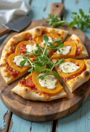 Pizza cu dovleac și brânză vegană servită
