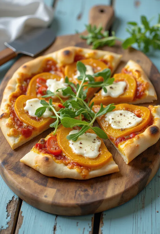 Pizza cu dovleac și brânză vegană servită