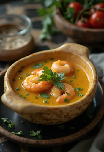 Tacacá cu coriandru și usturoi, servit cu fructe de mare și legume