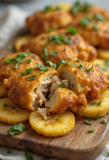 Acarajé cu pui, decorat cu bile de tapioca, banane prăjite și coriandru