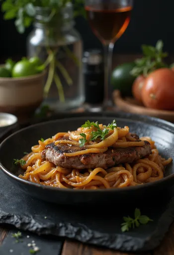 Bistec Encebollado în farfurie cu orez