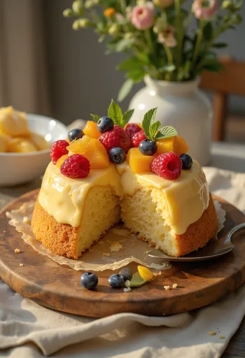 Tort proaspăt cu fructe colorate și strat lucios de jeleu