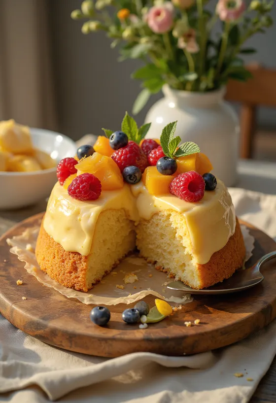 Tort proaspăt cu fructe colorate și strat lucios de jeleu