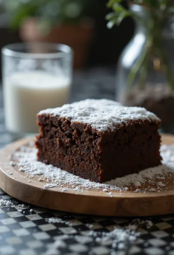 Prăjitură cu cacao tăiată felii, presărată cu zahăr pudră